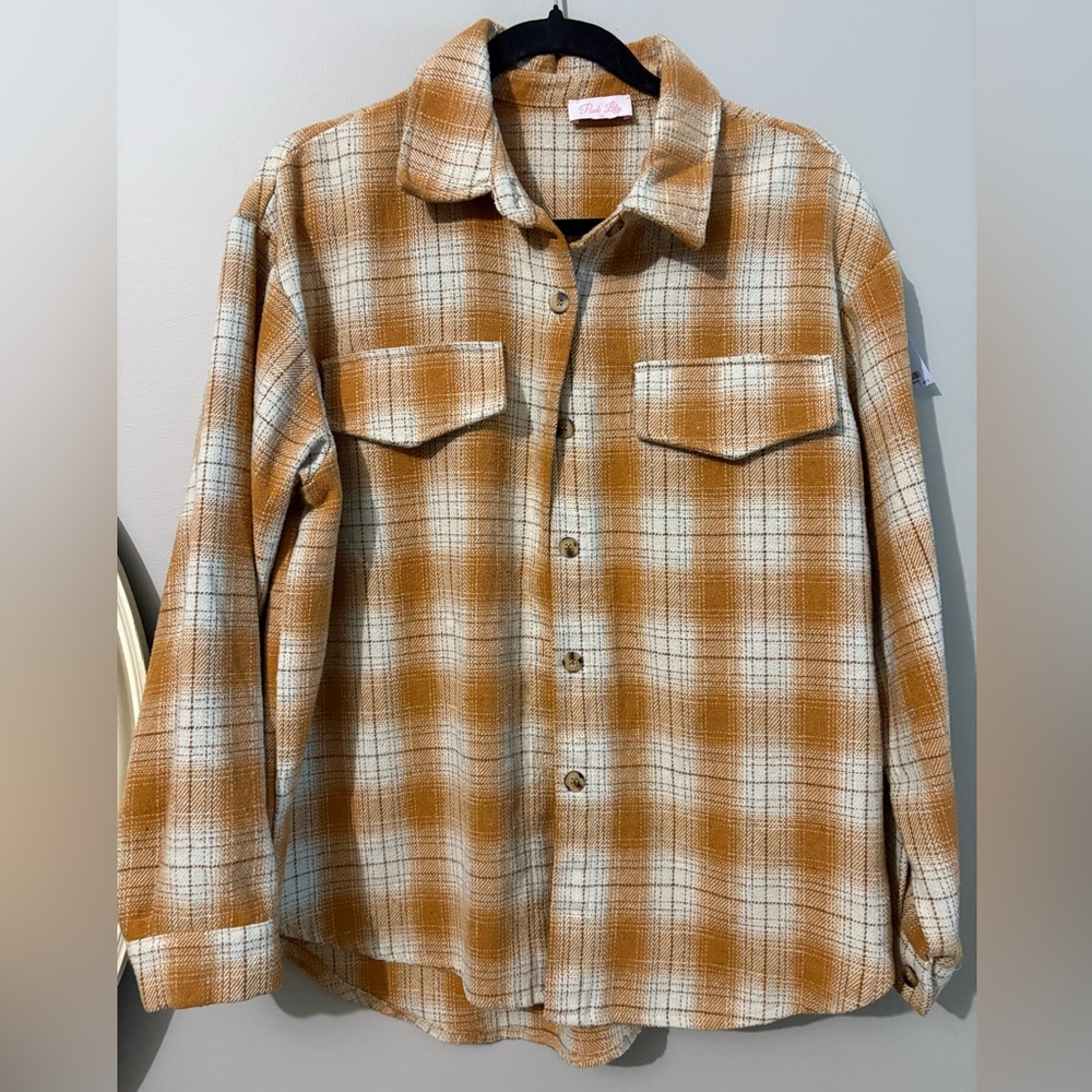 Pink Lily Brown and White Plaid button down flannel